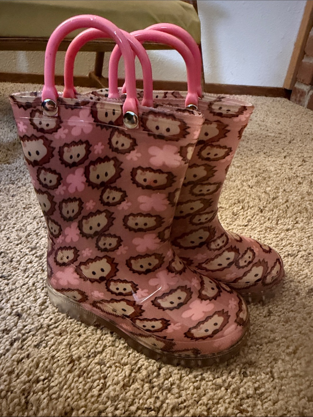 Kids Pink Hedgehog Rain Boots with Easy-Grab Handles